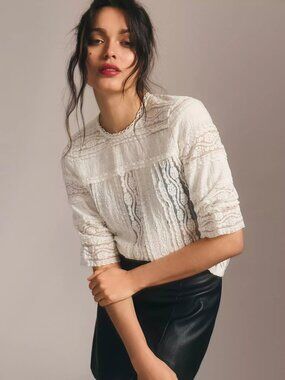 Anthropologie White Mixed Lace Panel Blouse Sheer Bell Sleeve Size Small